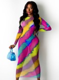 Summer Multicolor Slim Long Party Dress with Full Sleeves