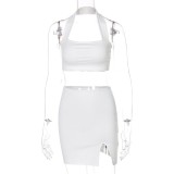 Summer White Sexy Halter Crop Top and Slit Mini Skirt Set