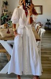 Summer White Casual Puff Sleeve Long Boho Dress with Belt
