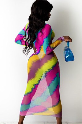 Summer Multicolor Slim Long Party Dress with Full Sleeves