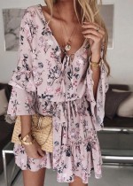 Summer Casual Floral V-Neck Short Dress with Wide Sleeves
