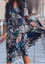 Summer Hawaii Print Wrap Long Dress with Sleeves