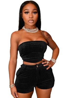 Summer Black Velvet Sexy Strapless Crop Top and Shorts 2 Piece Set