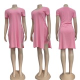 Summer Casual Pink Side Slit Long Shirt and Biker Shorts 2pc Set