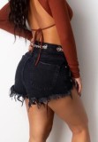 Summer Black High Cut Chains Sexy Ripped Denim Shorts