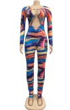 Summer Multicolor Cut Out Sexy Long Sleeve Bodycon Jumpsuit