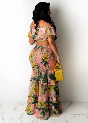 Summer Floral Off Shoulder Crop Top and Matching Long Skirt Set