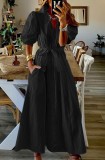 Summer Black Casual Puff Sleeve Long Boho Dress with Belt