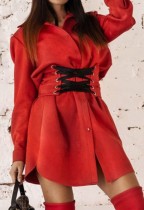 Spring Casual Red Lace-Up Long Sleeve Blouse Dress