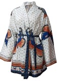 Summer Butterfly Print Wrap Blouse Dress with Full Sleeves