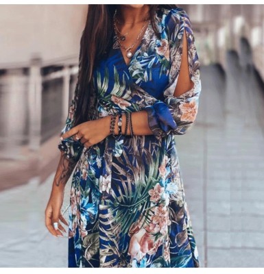 Summer Hawaii Print Wrap Long Dress with Sleeves