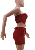 Summer Red Velvet Sexy Strapless Crop Top and Shorts 2 Piece Set