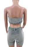 Summer Grey Velvet Sexy Strapless Crop Top and Shorts 2 Piece Set