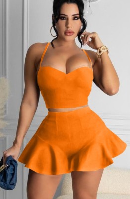 Summer Orange Sexy Halter Crop Top and Flare Shorts 2 Piece Set