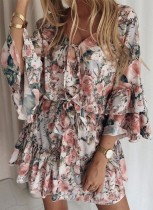 Summer Casual Floral V-Neck Short Dress with Wide Sleeves