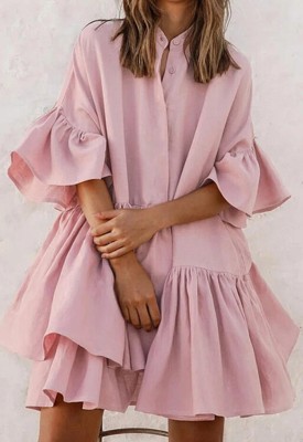 Summer Casual Pink Ruffles Flare Dress