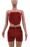 Summer Red Velvet Sexy Strapless Crop Top and Shorts 2 Piece Set