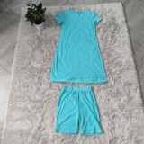 Summer Casual Blue Side Slit Long Shirt and Biker Shorts 2pc Set
