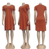 Summer Casual Orange Side Slit Long Shirt and Biker Shorts 2pc Set