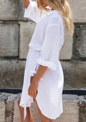 Summer White V-Neck Boho Slit Blouse Dress with Belt