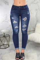 Summer Sexy Fitted Dark Blue Ripped Jeans