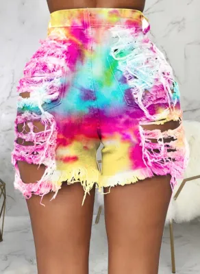 Summer Tie Dye High Waist Ripped Denim Shorts