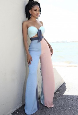 Summer Sexy Color Block Bandeau Top and Pants Set