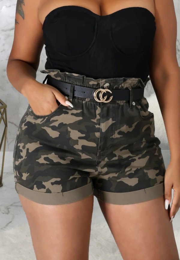 Summer Casual Camou Print High Waist Denim Shorts