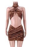 Summer Sexy Brown Wrap Halter Crop Top and Mini Skirt Set