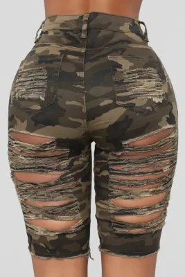 Summer Sexy Fitted Camou Ripped High Waist Denim Shorts
