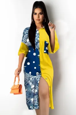 Summer Casual Retro Print Long Blouse Dress