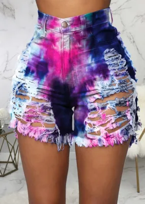 Summer Tie Dye High Waist Ripped Denim Shorts