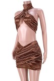 Summer Sexy Brown Wrap Halter Crop Top and Mini Skirt Set