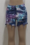 Summer Tie Dye High Waist Ripped Denim Shorts