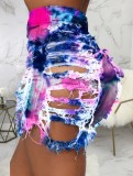 Summer Tie Dye High Waist Ripped Denim Shorts