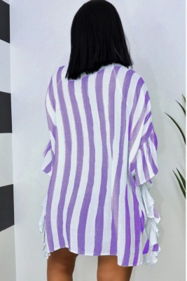 Summer Casual Stripes Ruffles Blouse Dress with Wide Sleeves