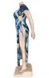 Summer Plus Size Sexy Print Slit Long Party Dress