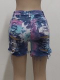 Summer Tie Dye High Waist Ripped Denim Shorts