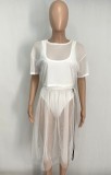 Summer White 3 Piece Mesh Crop Top and Long Skirt Set with Bodysuit