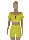 Summer Casual Yellow Crop Top and Ruched Shorts 2PC Set