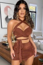 Summer Brown Sexy Wrap Halter Crop Top and Mini Skirt Set