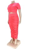 Summer Plus Size Pink Sexy Ruched Crop Top and Long Skirt Set