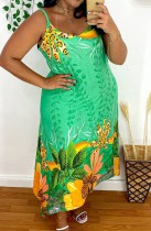 Summer Plus Size Casual Print Green Strap Long Dress