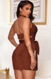 Summer Brown Sexy Wrap Halter Crop Top and Mini Skirt Set