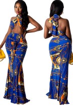 Summer Retro Print Blue Halter Wrap Crop Top and Long Skirt Set