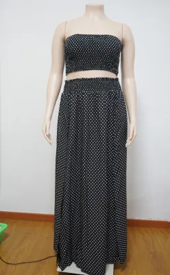 Summer Plus Size Polka Black Strapless Crop Top and Slit Long Skirt Set