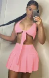 Summer Pink Sexy Knotted Bra and Pleated Skirt Set