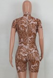Summer Print Brown Sexy Short Sleeve Bodycon Rompers