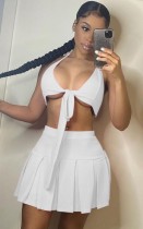Summer White Sexy Knotted Bra and Pleated Skirt Set