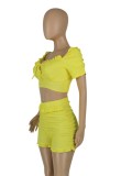 Summer Casual Yellow Crop Top and Ruched Shorts 2PC Set